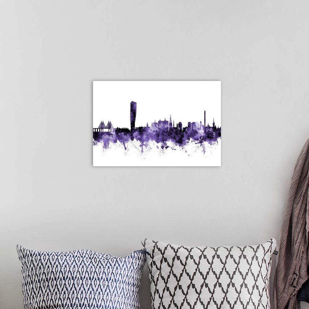 A bohemian room featuring Watercolor art print of the skyline of Malmo, Sweden (Sverige)