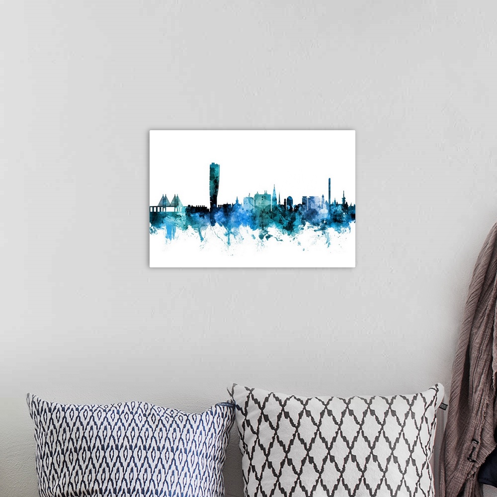 A bohemian room featuring Watercolor art print of the skyline of Malmo, Sweden (Sverige).