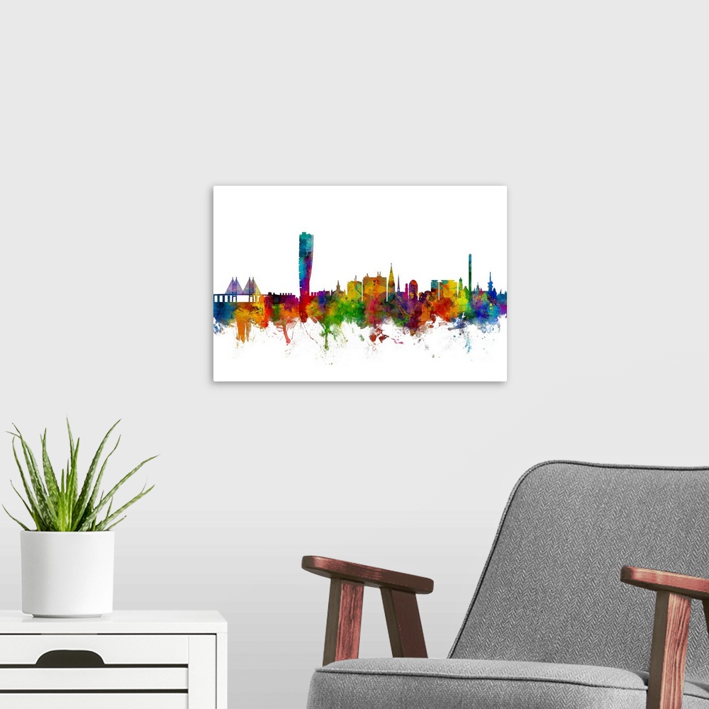 A modern room featuring Watercolor art print of the skyline of Malmo, Sweden (Sverige).