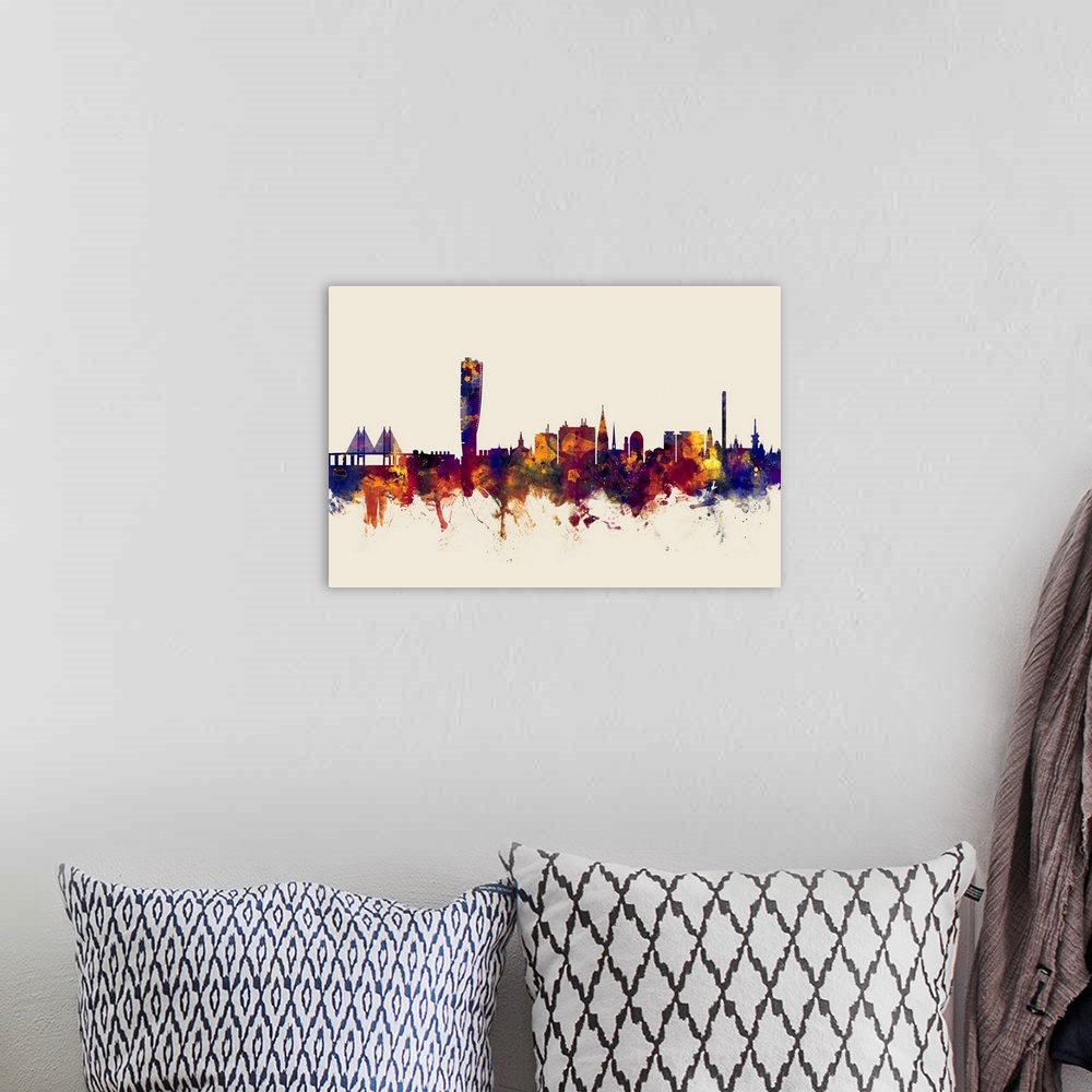 A bohemian room featuring Watercolor art print of the skyline of Malmo, Sweden (Sverige).