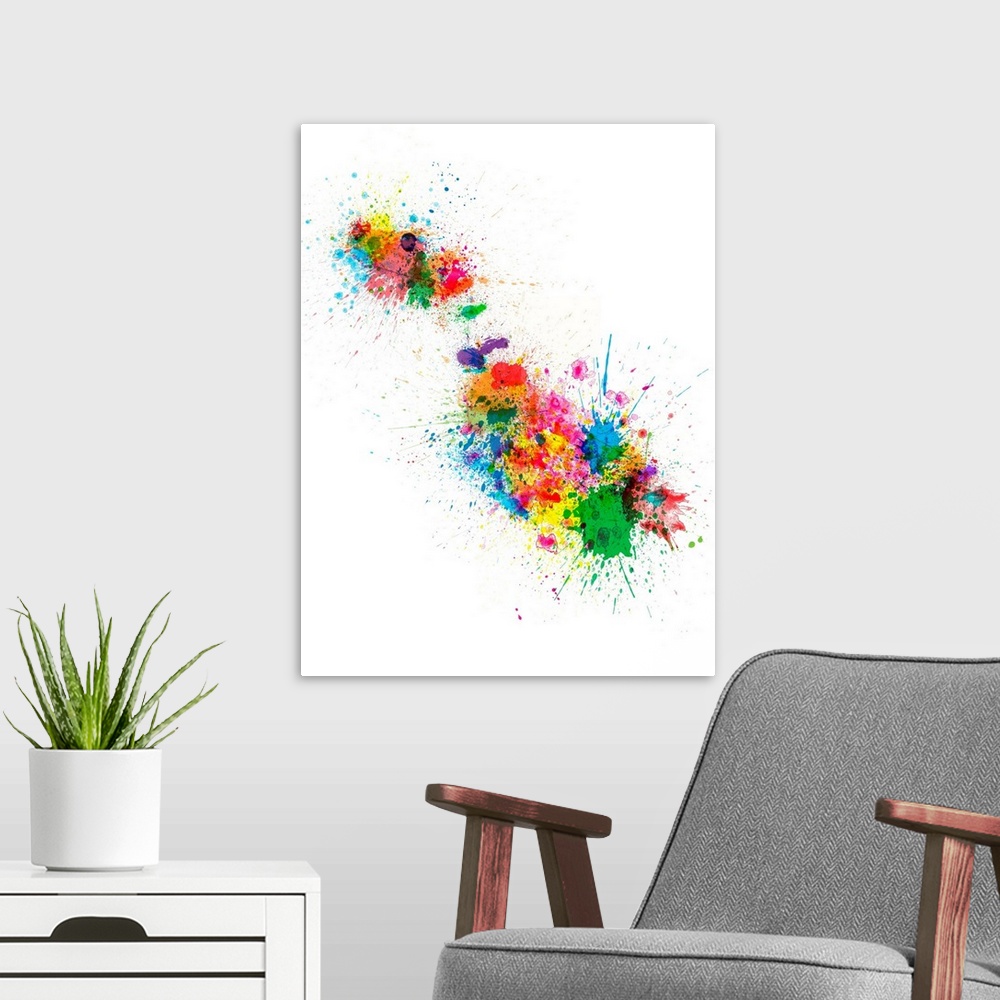 A modern room featuring Contemporary artwork of a map of the country Malta made of colorful paint splashes.