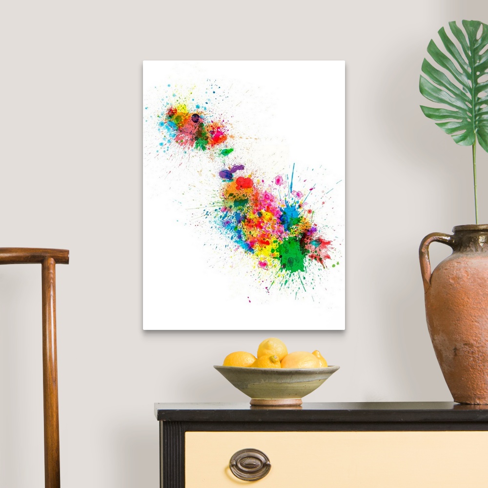 A traditional room featuring Contemporary artwork of a map of the country Malta made of colorful paint splashes.