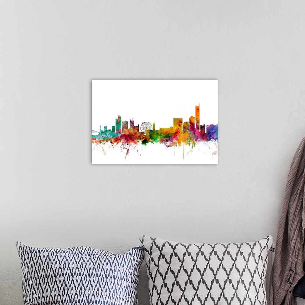 A bohemian room featuring Contemporary piece of artwork of the Manchester skyline made of colorful paint splashes.
