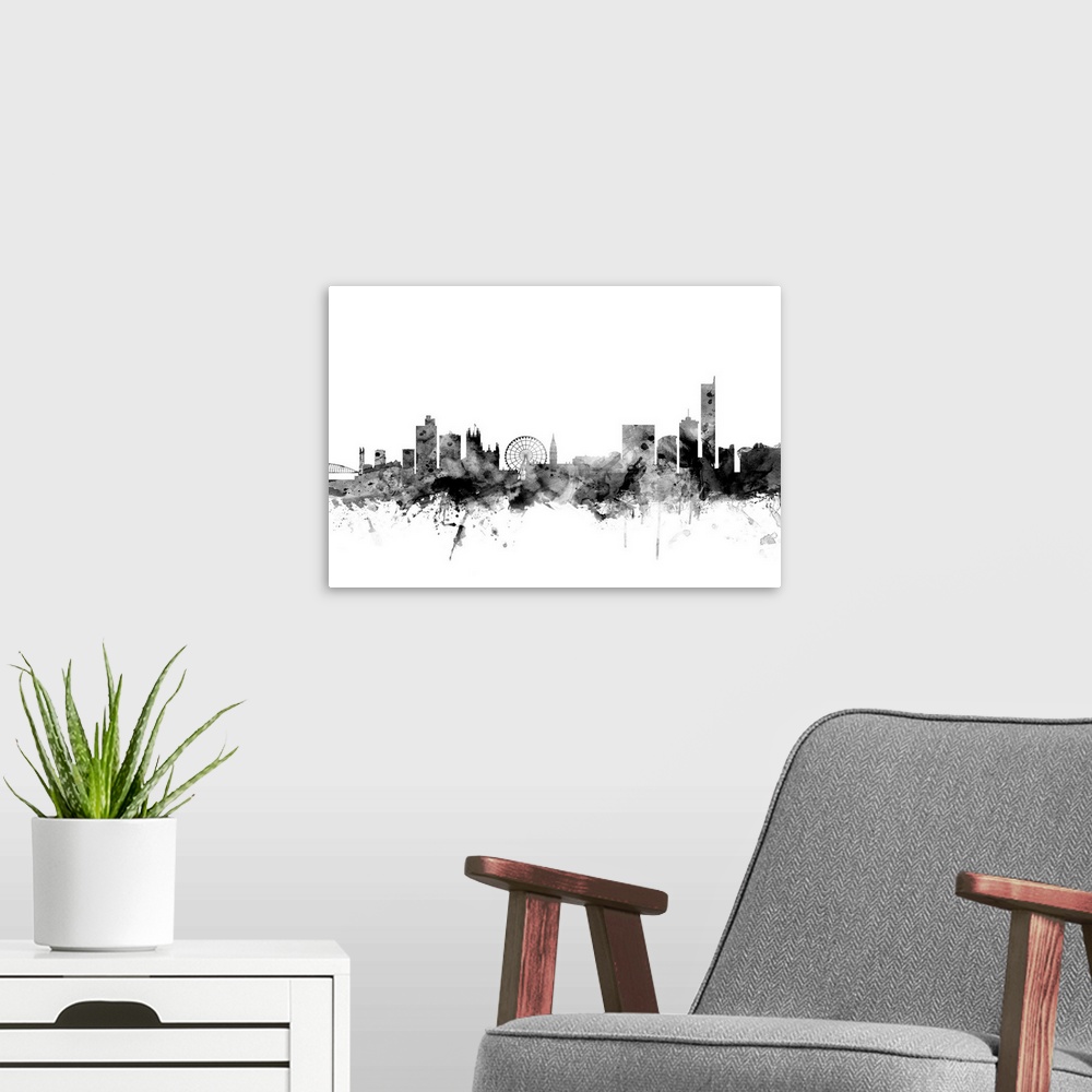 A modern room featuring Contemporary artwork of the Manchester city skyline in black watercolor paint splashes.