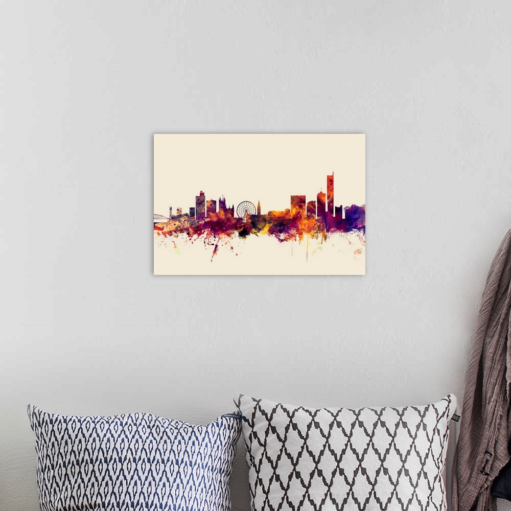 A bohemian room featuring Contemporary artwork of the Manchester city skyline in watercolor paint splashes.
