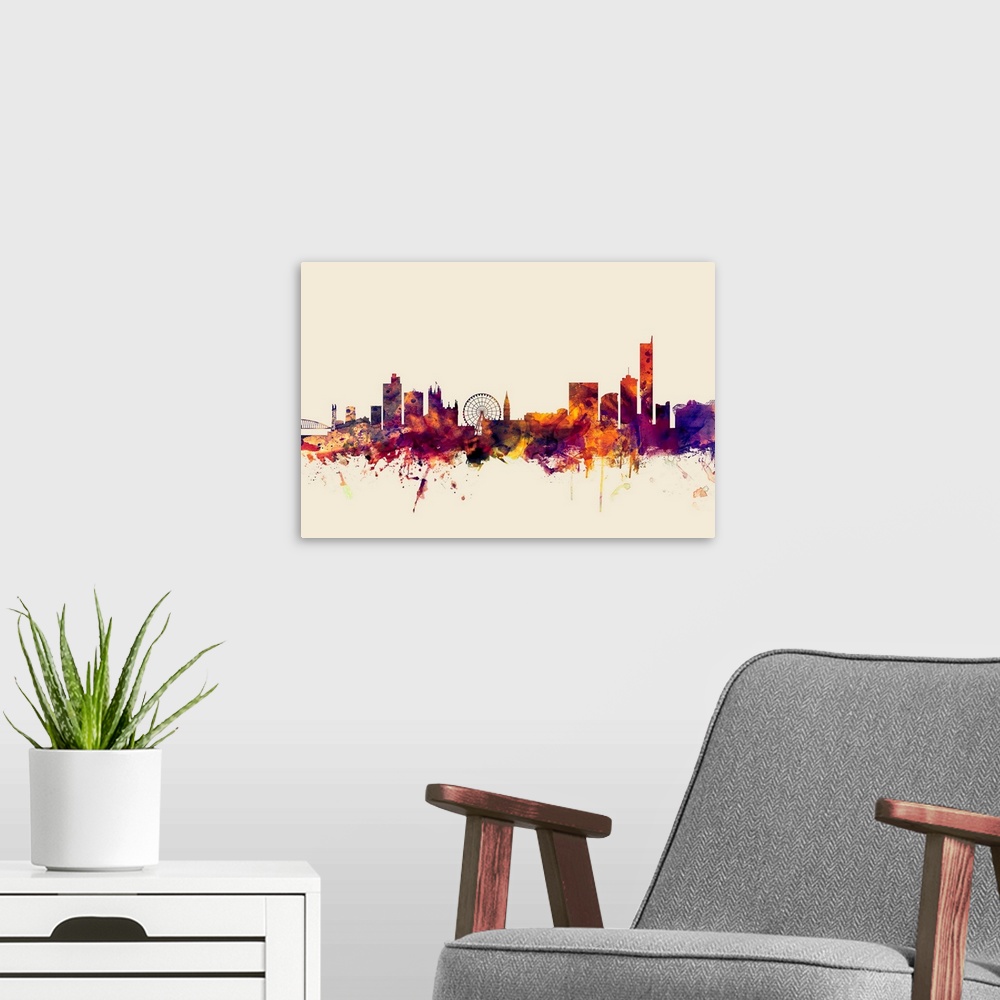 A modern room featuring Contemporary artwork of the Manchester city skyline in watercolor paint splashes.