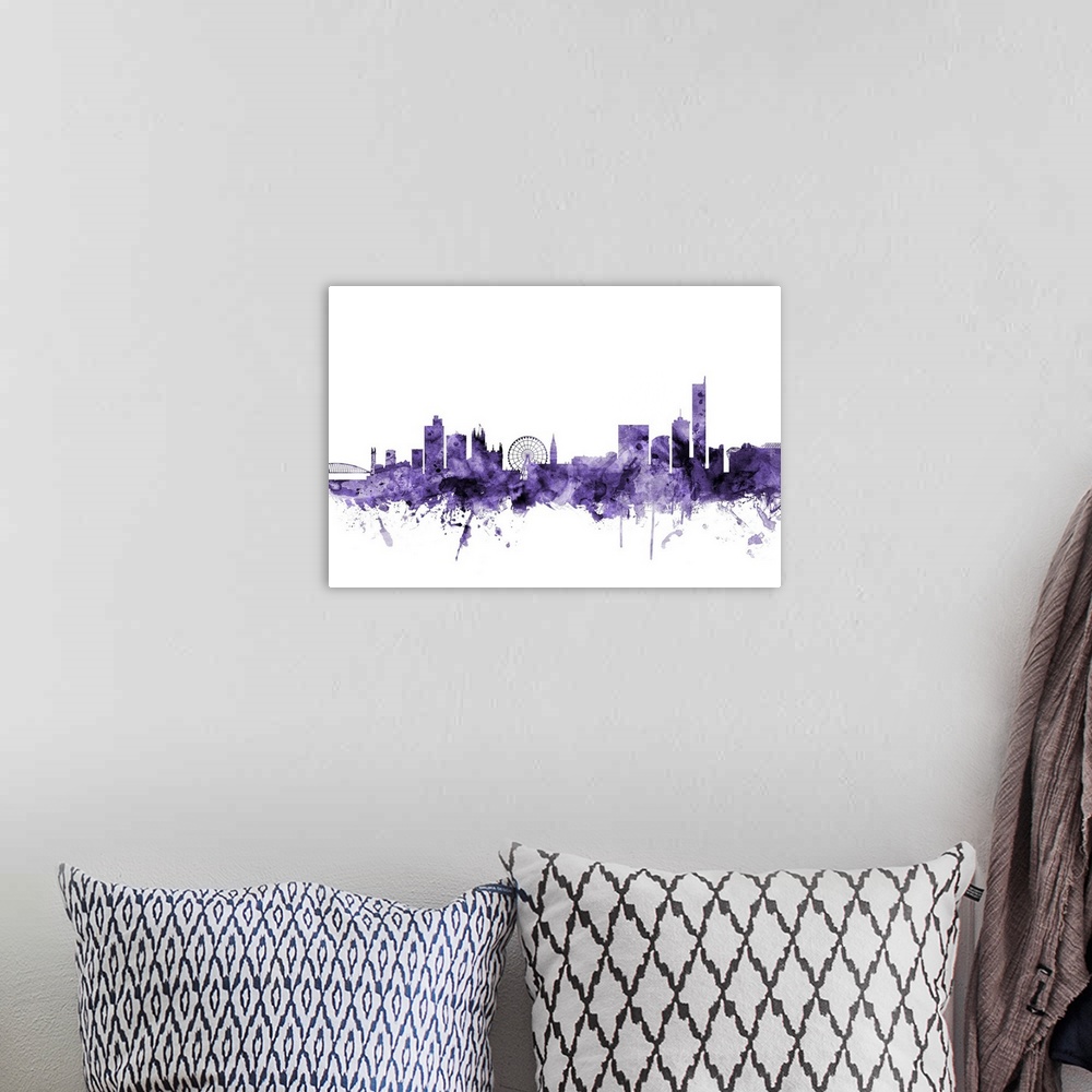 A bohemian room featuring Watercolor art print of the skyline of Manchester, England, United Kingdom