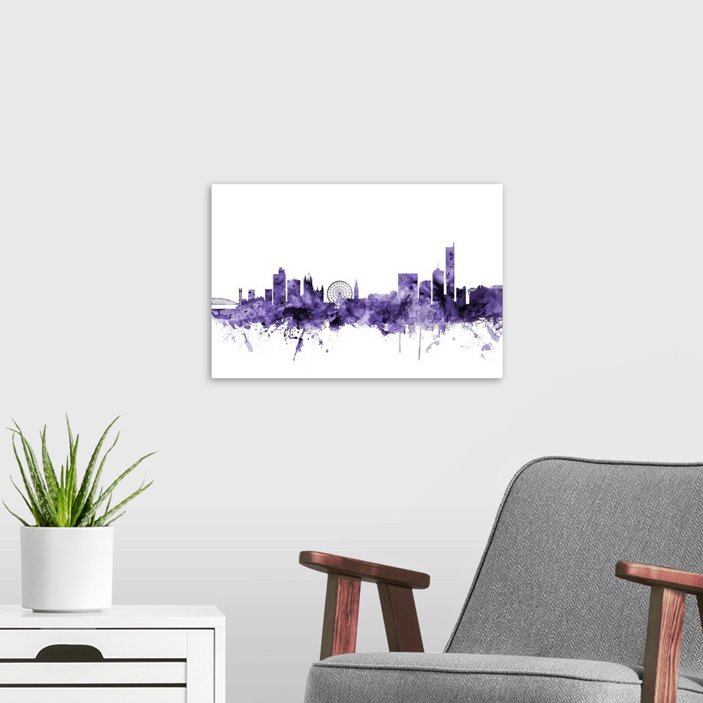 A modern room featuring Watercolor art print of the skyline of Manchester, England, United Kingdom