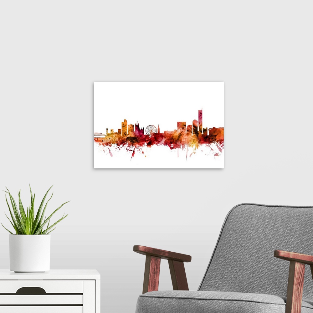 A modern room featuring Watercolor art print of the skyline of Manchester, England, United Kingdom.