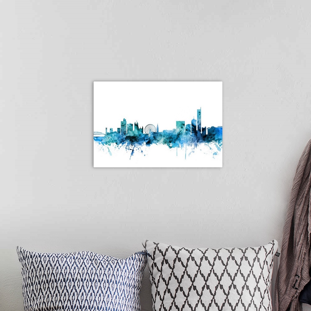 A bohemian room featuring Watercolor art print of the skyline of Manchester, England, United Kingdom.