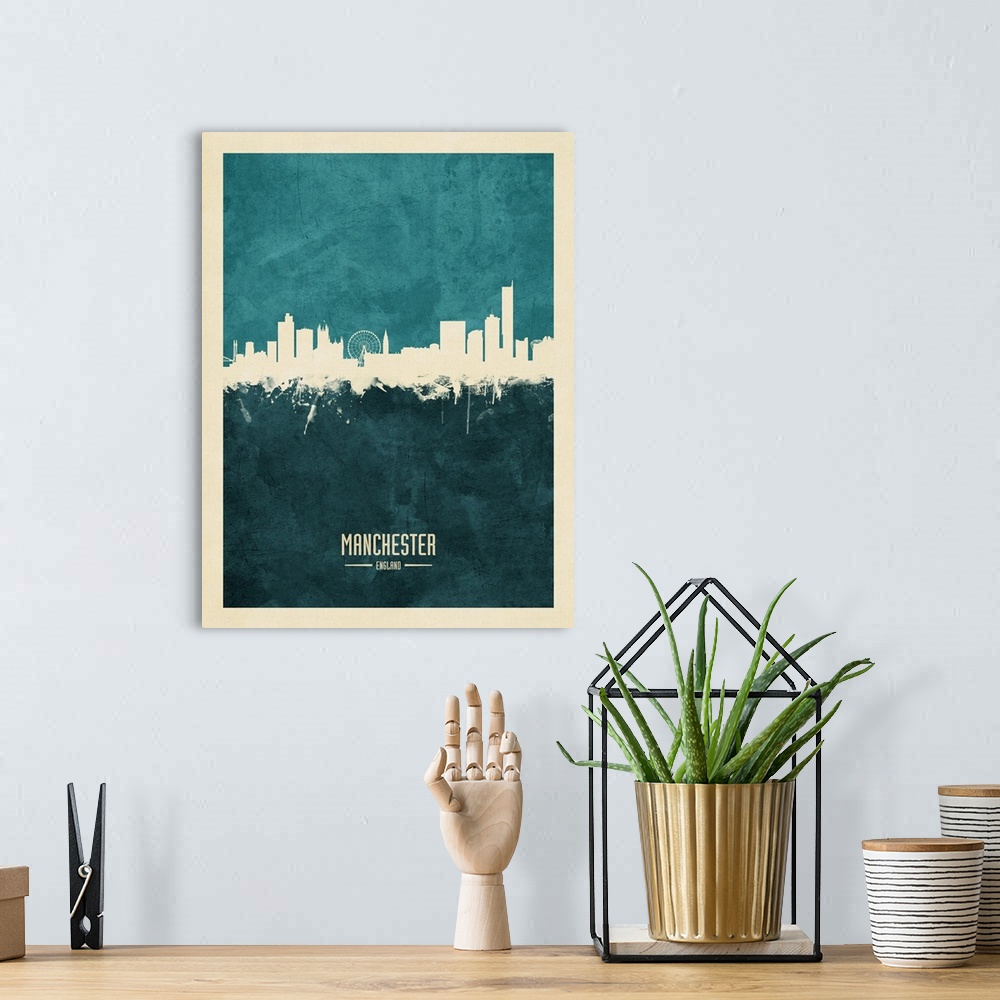 A bohemian room featuring Watercolor art print of the skyline of Manchester, England, United Kingdom