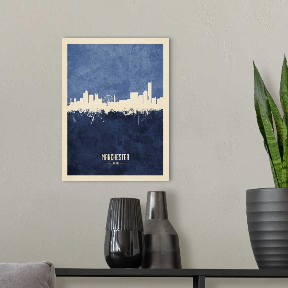 A modern room featuring Watercolor art print of the skyline of Manchester, England, United Kingdom