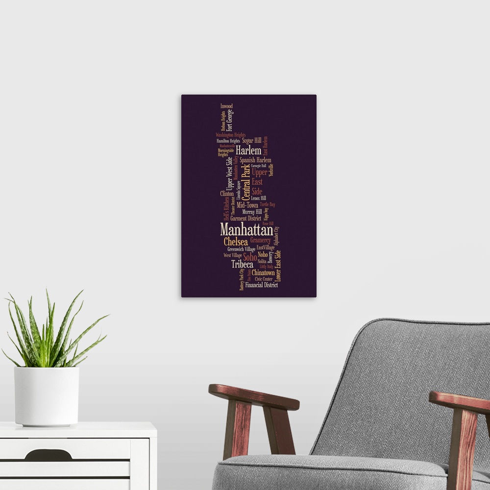 A modern room featuring Contemporary artwork that uses words associated with NYC grouped together to form the outline of ...