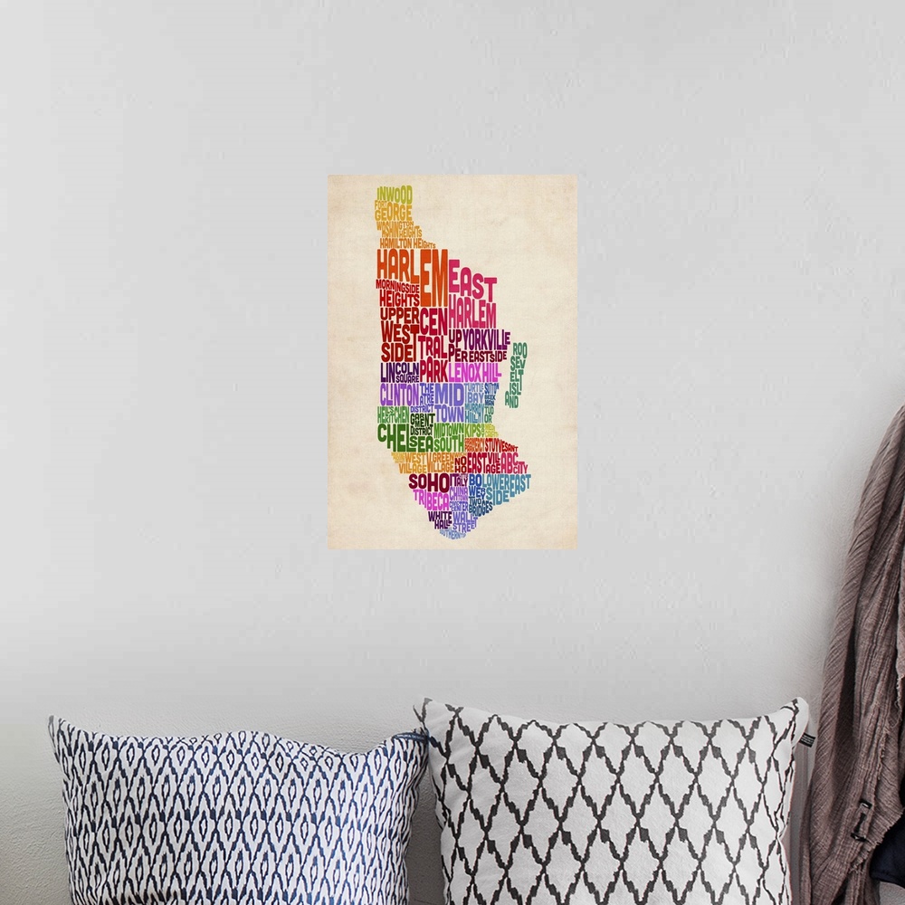 A bohemian room featuring Manhattan New York Typography Text Map, Colorful