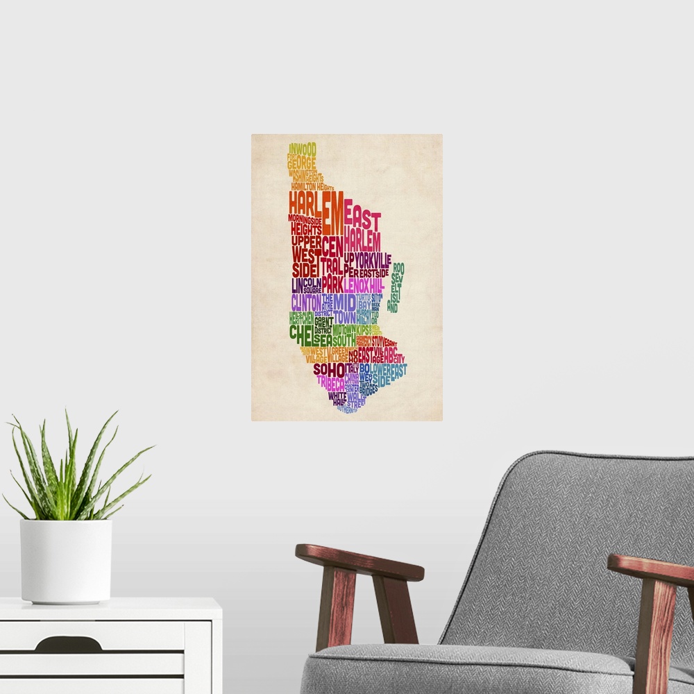 A modern room featuring Manhattan New York Typography Text Map, Colorful