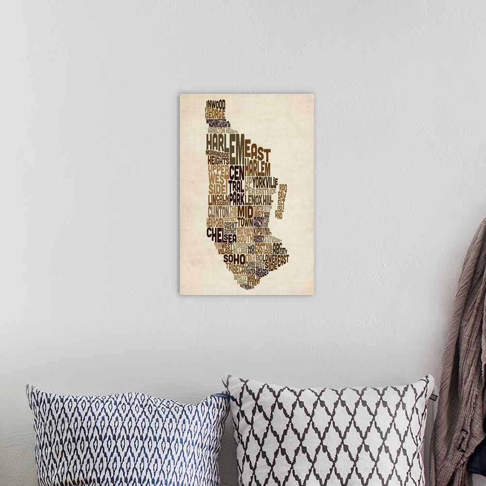 A bohemian room featuring Manhattan New York Typography Text Map, Earth Tones