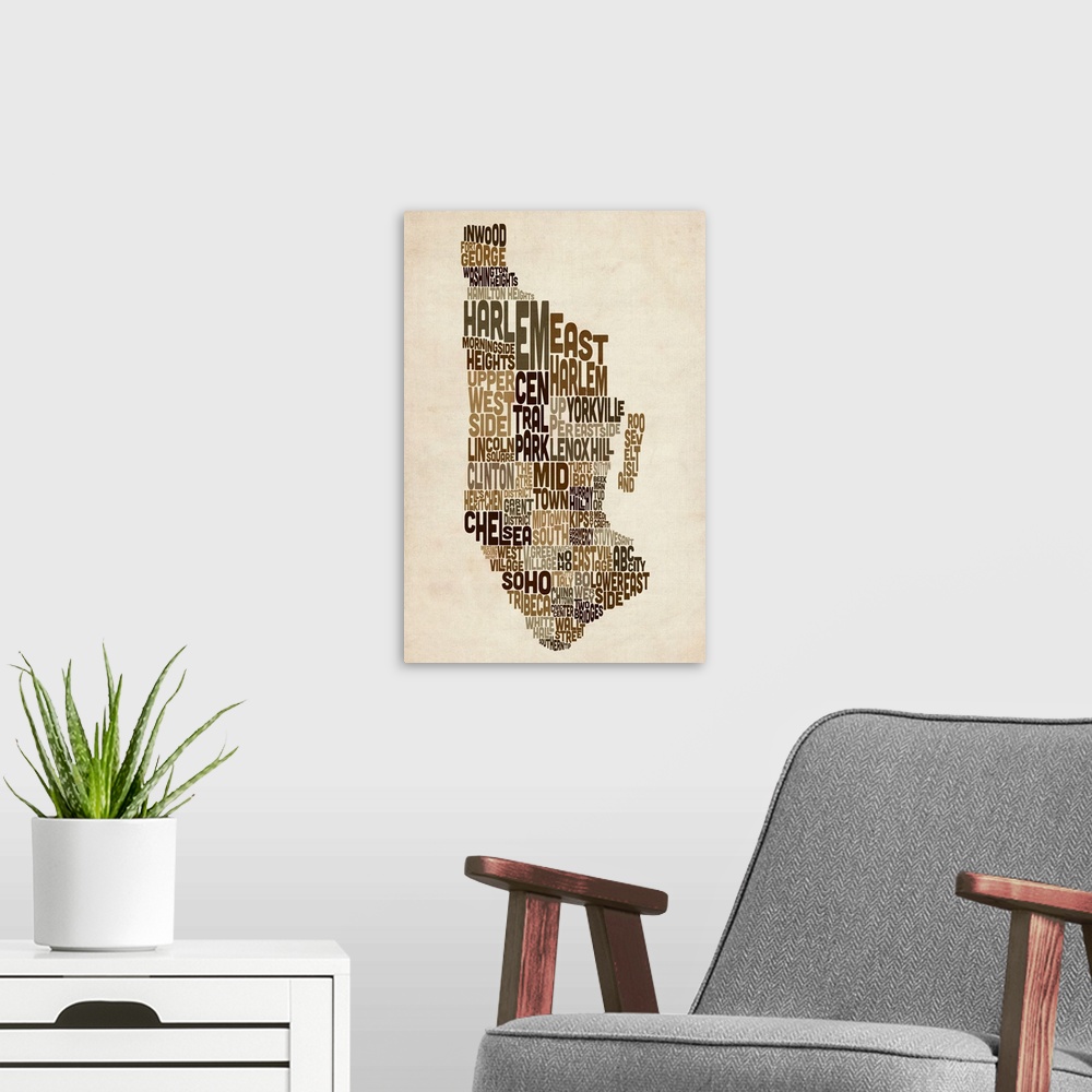 A modern room featuring Manhattan New York Typography Text Map, Earth Tones