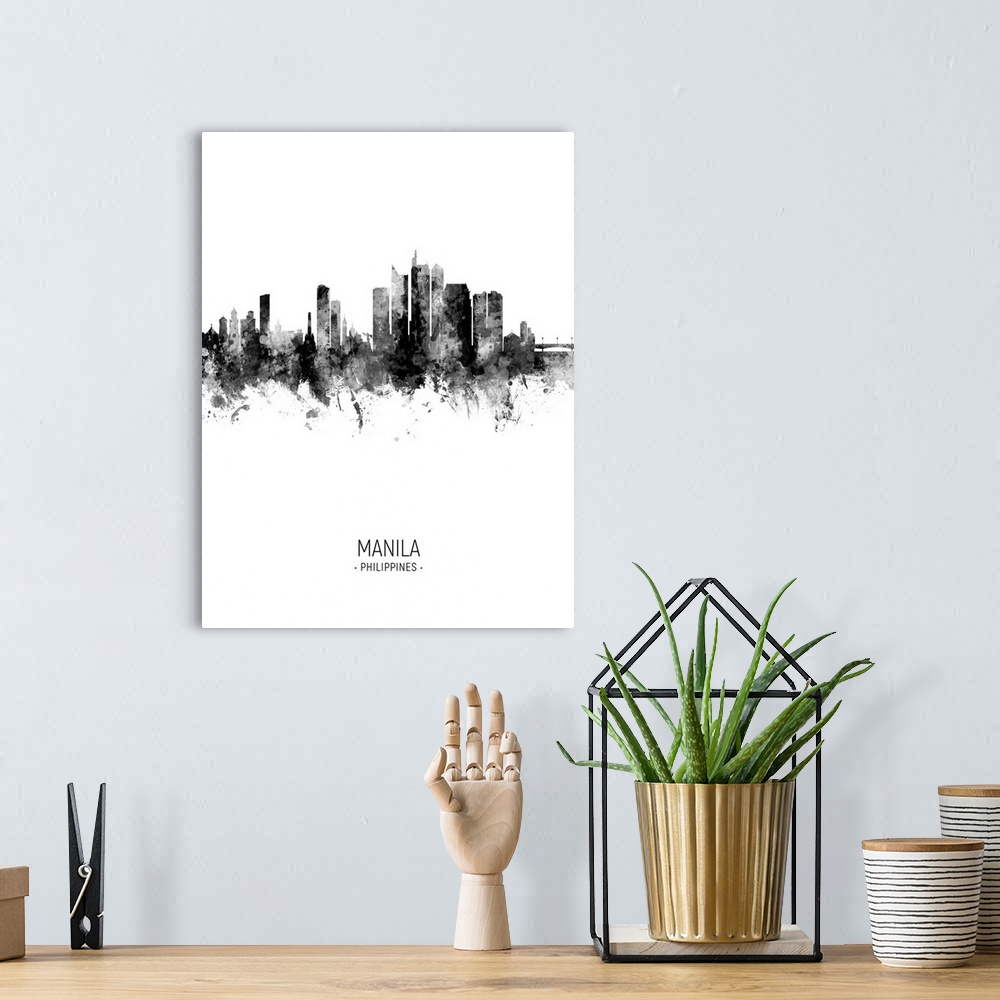 A bohemian room featuring Watercolor art print of the skyline of Manila, Philippines