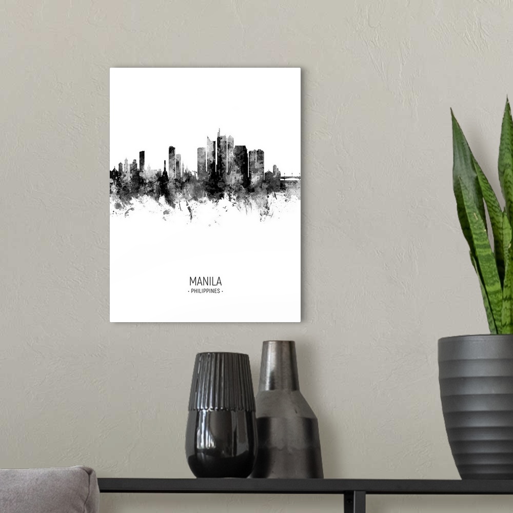 A modern room featuring Watercolor art print of the skyline of Manila, Philippines