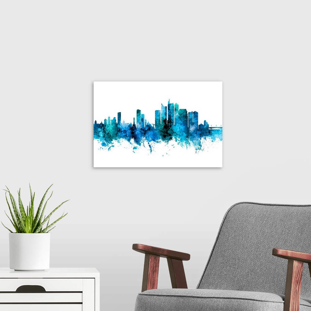 A modern room featuring Watercolor art print of the skyline of Manila, Philippines