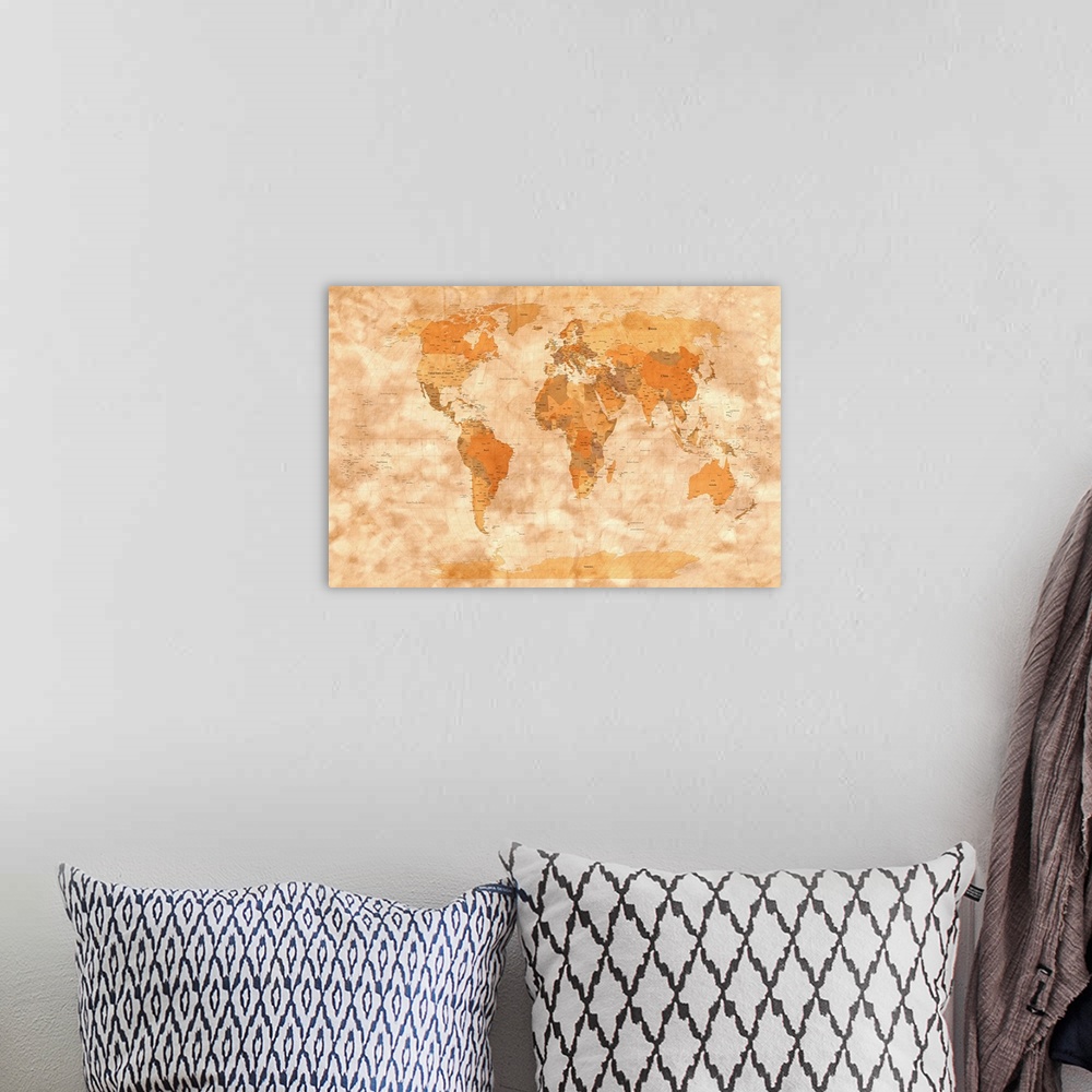A bohemian room featuring This decorative horizontal wall art is a scale and accurate political map of the world with and h...