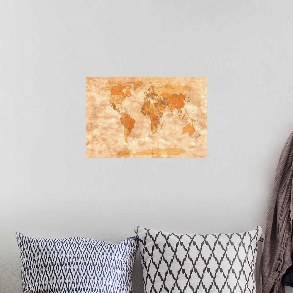 A bohemian room featuring This decorative horizontal wall art is a scale and accurate political map of the world with and h...