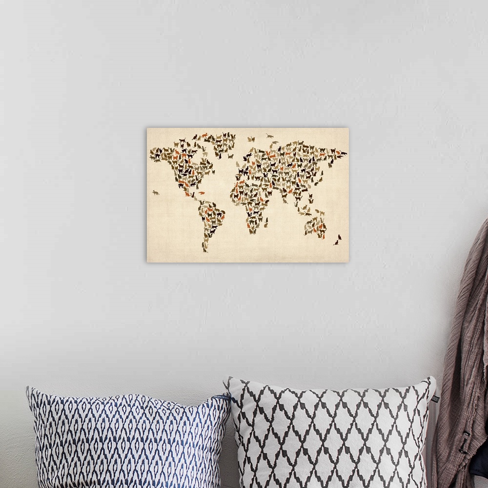 A bohemian room featuring A digital art piece of a map of the world with cats bunched together to make the different contin...