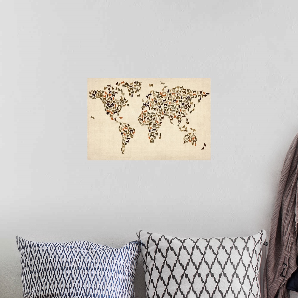 A bohemian room featuring A digital art piece of a map of the world with cats bunched together to make the different contin...