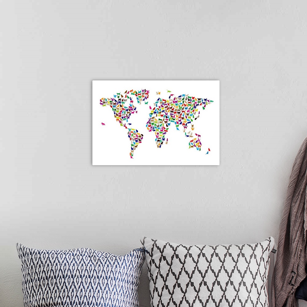 A bohemian room featuring Large canvas of continents made up of multi colored cat icons.