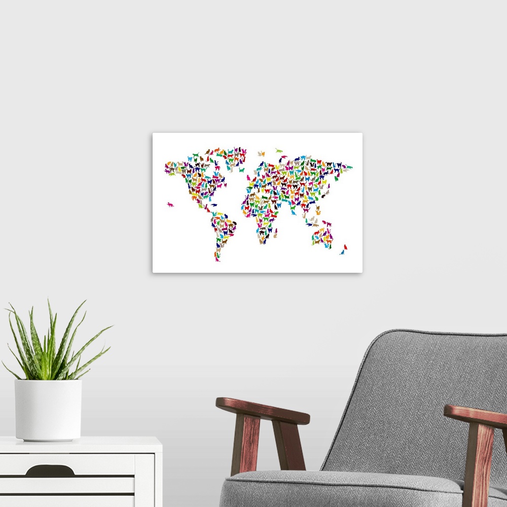 A modern room featuring Large canvas of continents made up of multi colored cat icons.