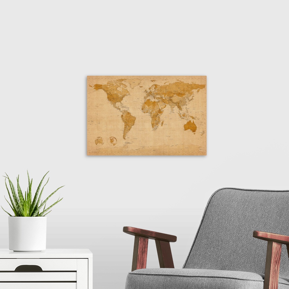 A modern room featuring Giant map of the world set in an antique style.  This piece includes a number of cities within ea...