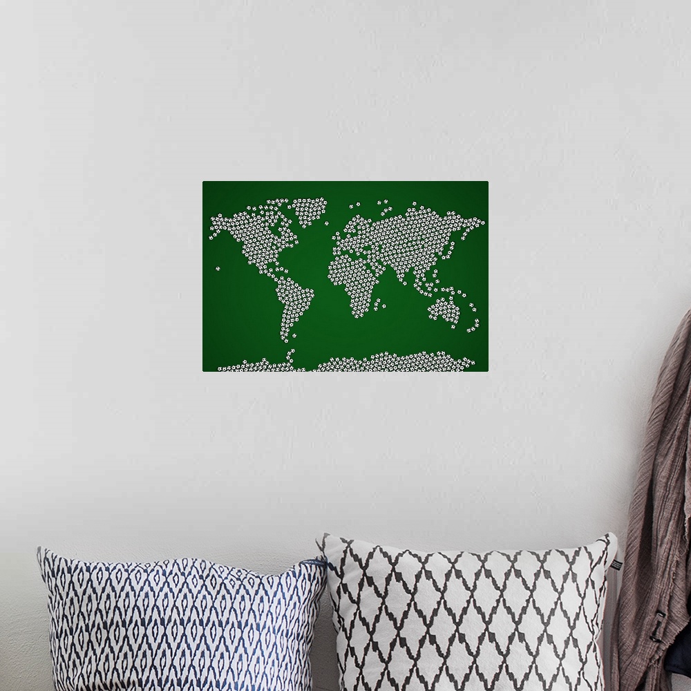 A bohemian room featuring Landscape, horizontal, large wall hanging of the world map with all countries made up of soccer b...