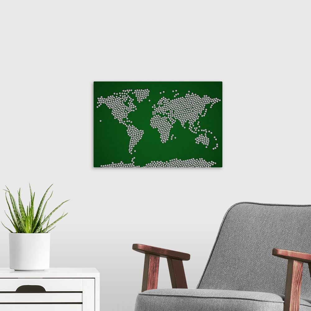 A modern room featuring Landscape, horizontal, large wall hanging of the world map with all countries made up of soccer b...