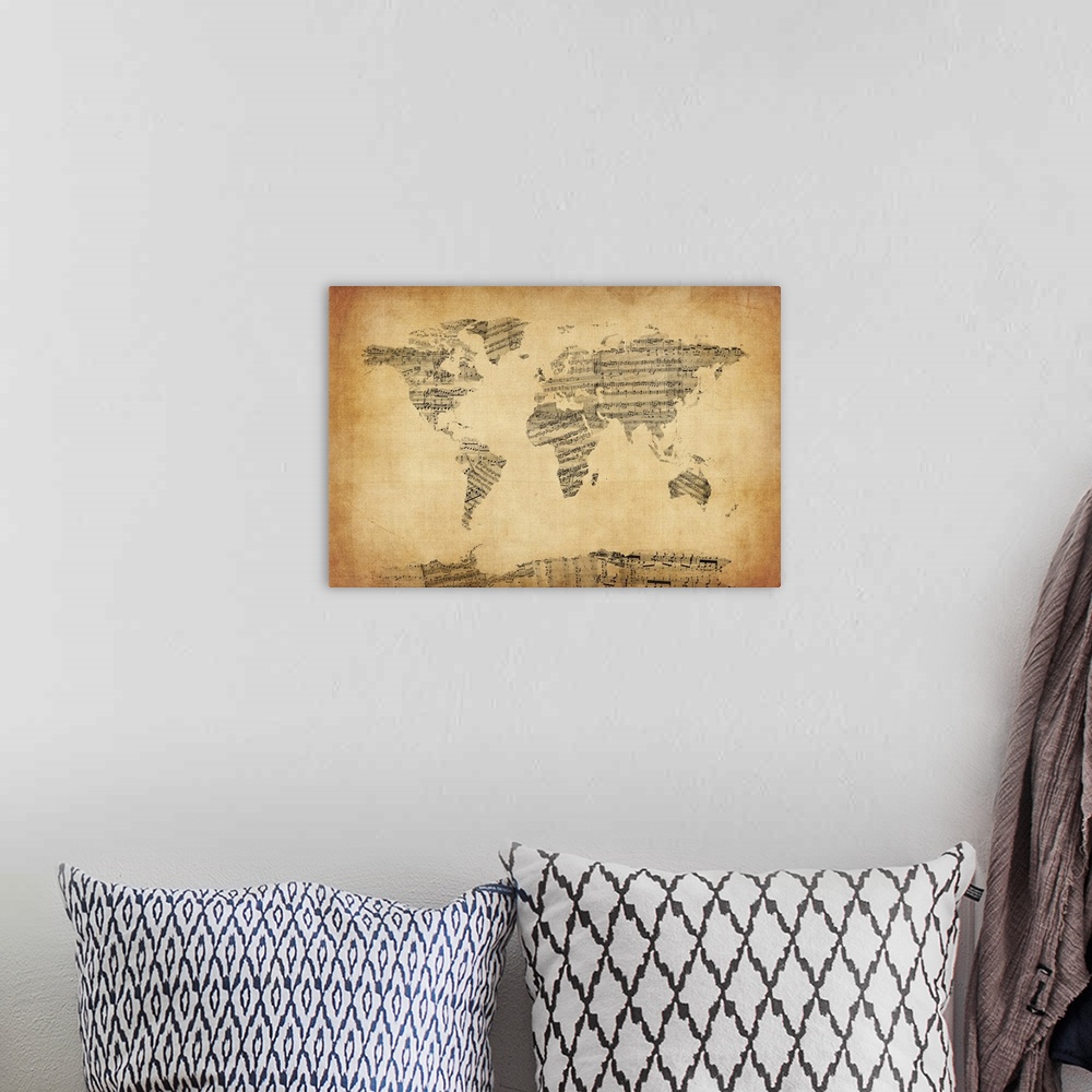 A bohemian room featuring Contemporary artwork of a world map made from musical notation against a distressed background.