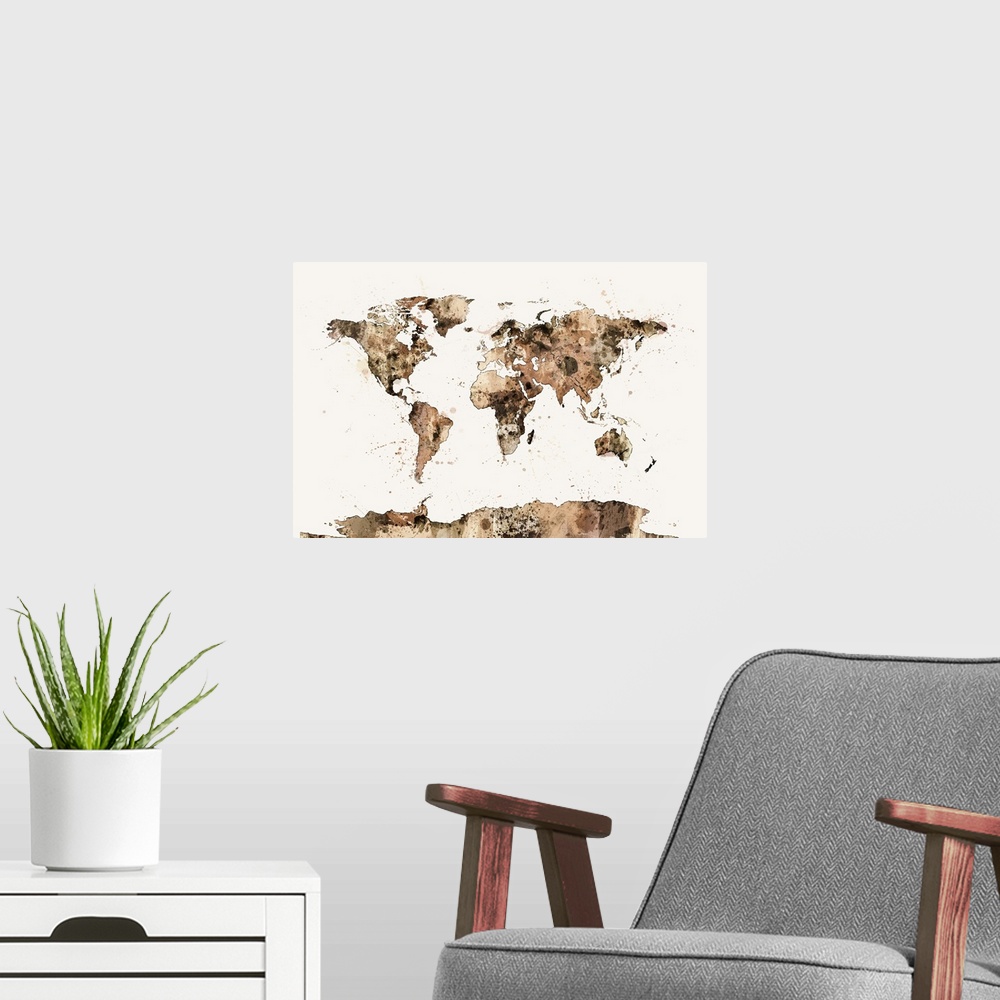 A modern room featuring Contemporary piece of artwork of a world map made of sepia paint splashes.