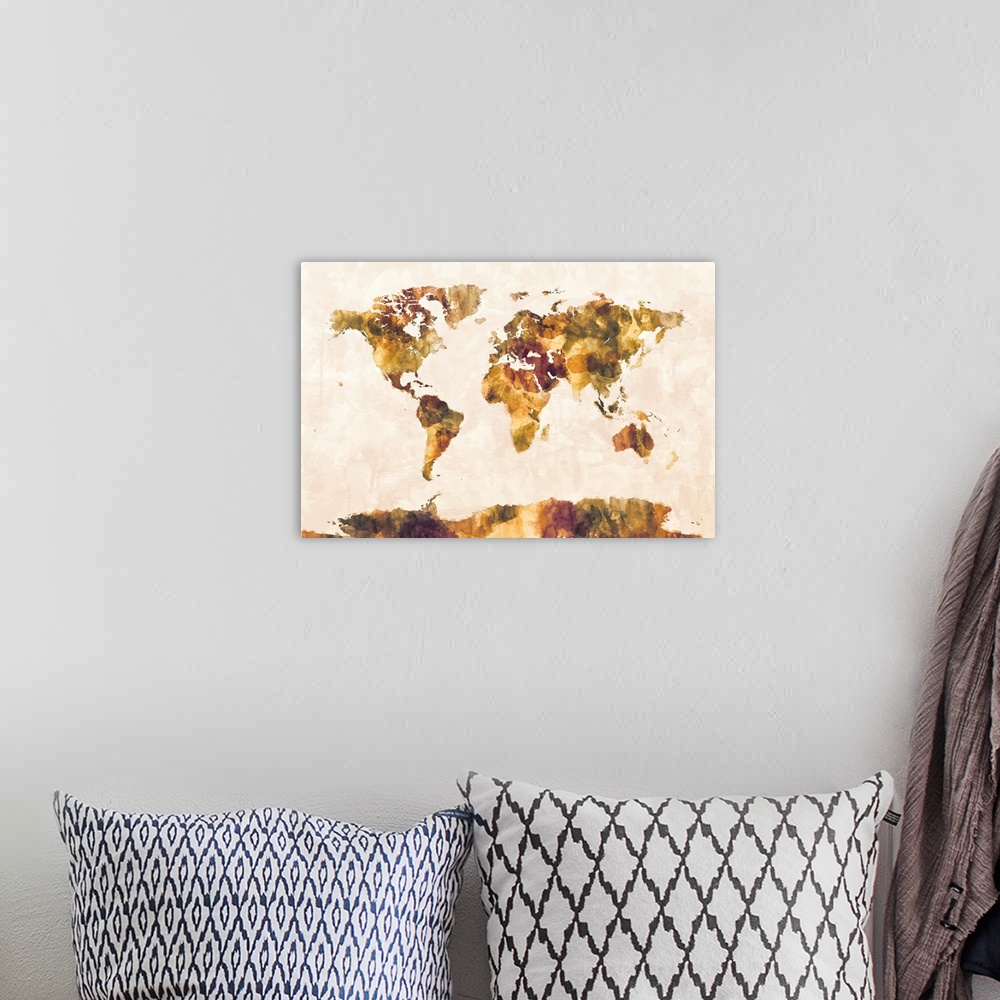 A bohemian room featuring Contemporary watercolor political world map in dark colors.