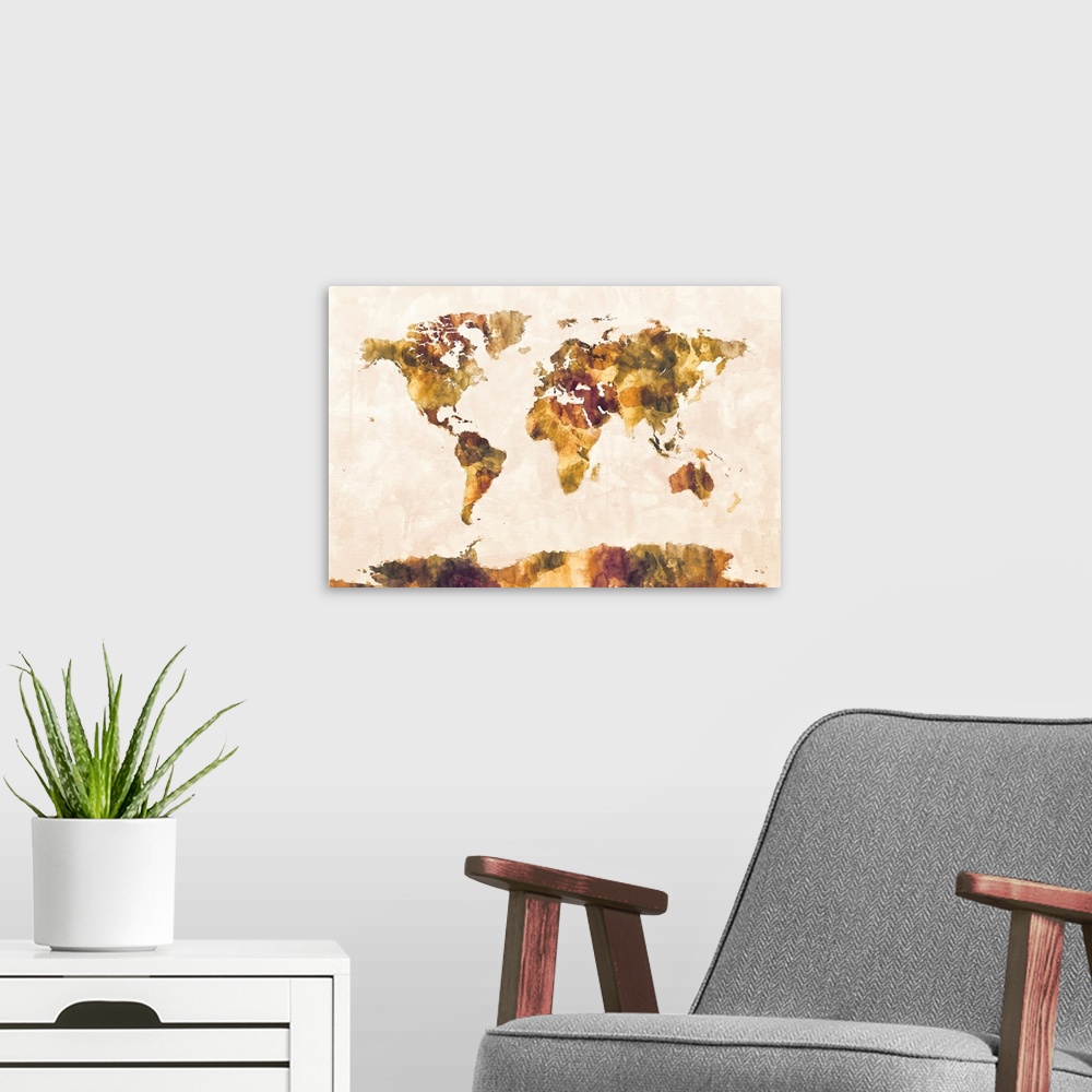 A modern room featuring Contemporary watercolor political world map in dark colors.