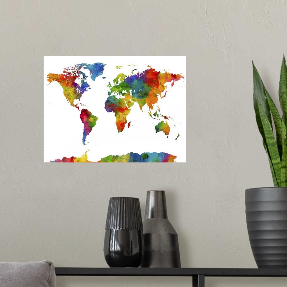 A modern room featuring A watercolor art map of the world against a white background.
