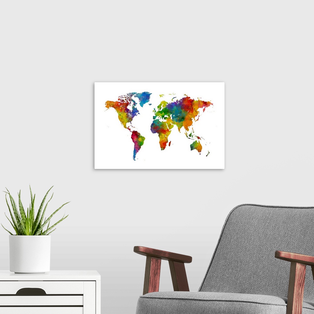 A modern room featuring A bright and colorful world map.