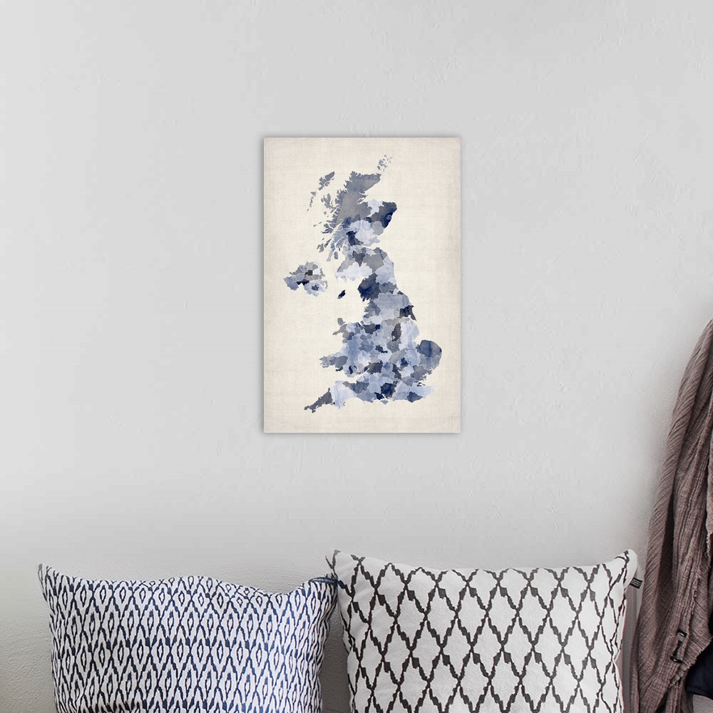 A bohemian room featuring Map of United Kingdom in watercolor, blue