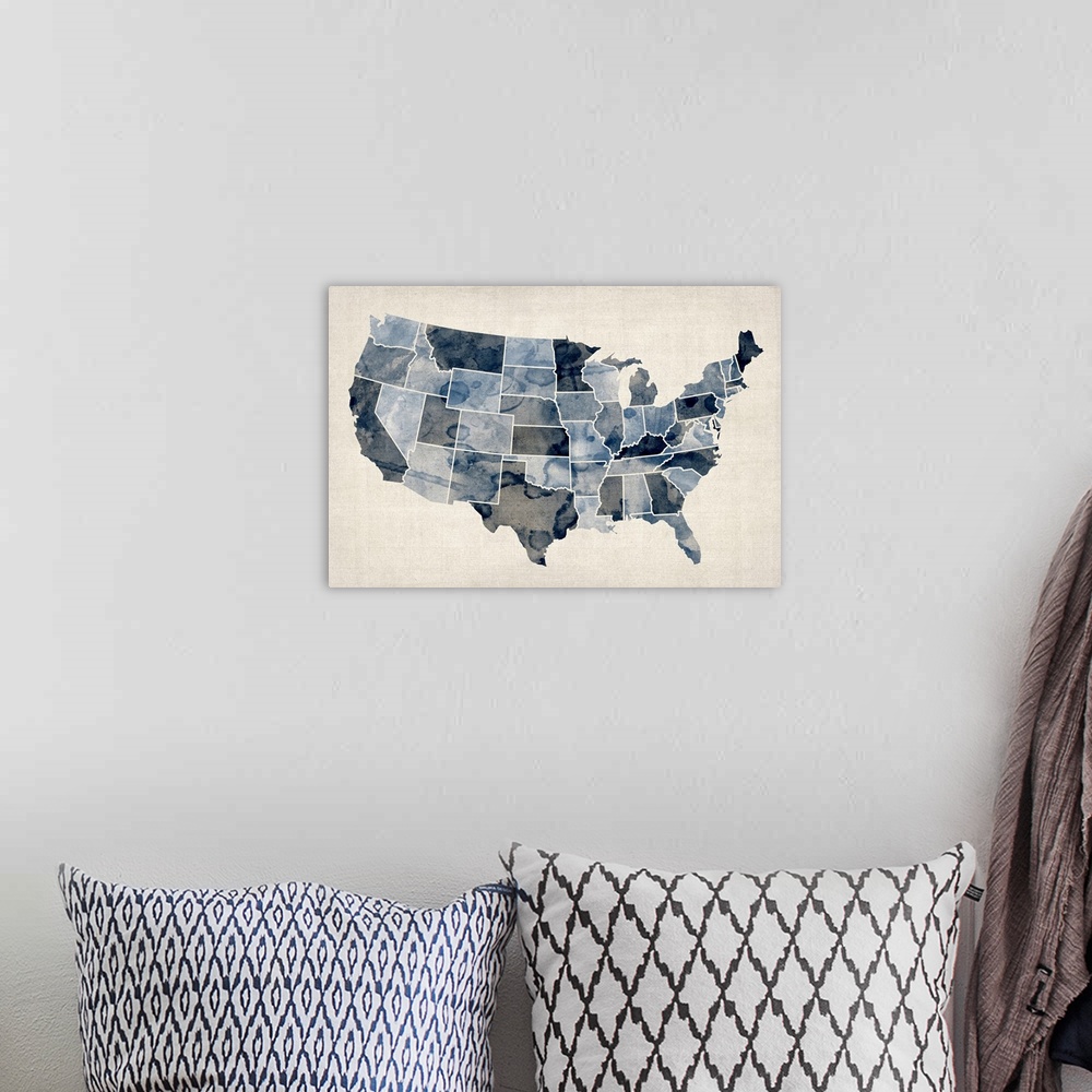 A bohemian room featuring Landscape artwork on a large canvas of the United States of America map, each state is outlined i...