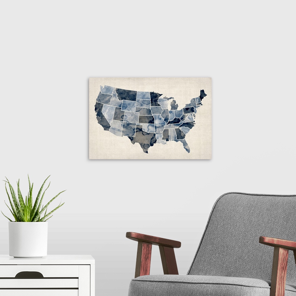 A modern room featuring Landscape artwork on a large canvas of the United States of America map, each state is outlined i...