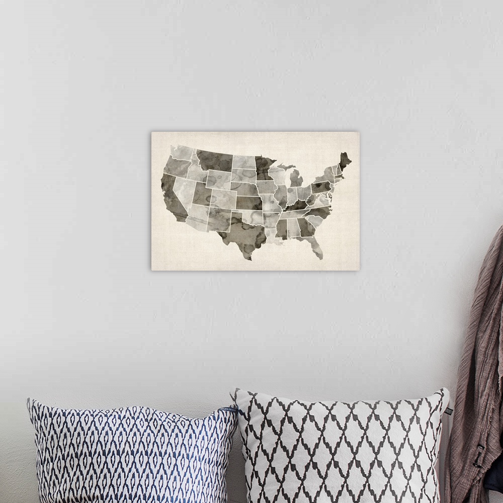 A bohemian room featuring Map of United States of America, watercolor in brown