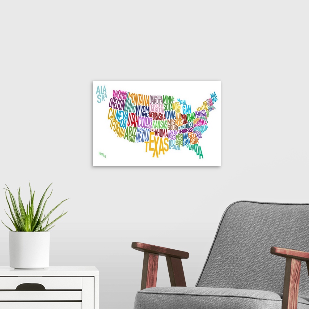 A modern room featuring Artwork of the United States that has the name of each state written out as it's shape.
