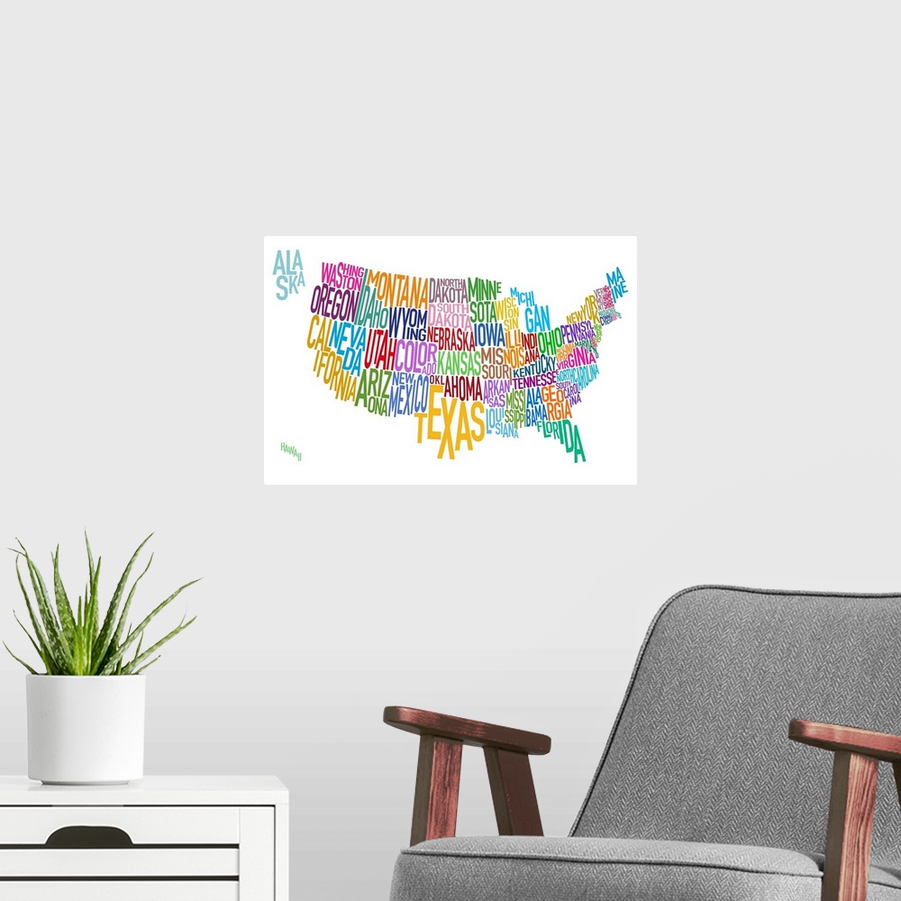 A modern room featuring Artwork of the United States that has the name of each state written out as it's shape.