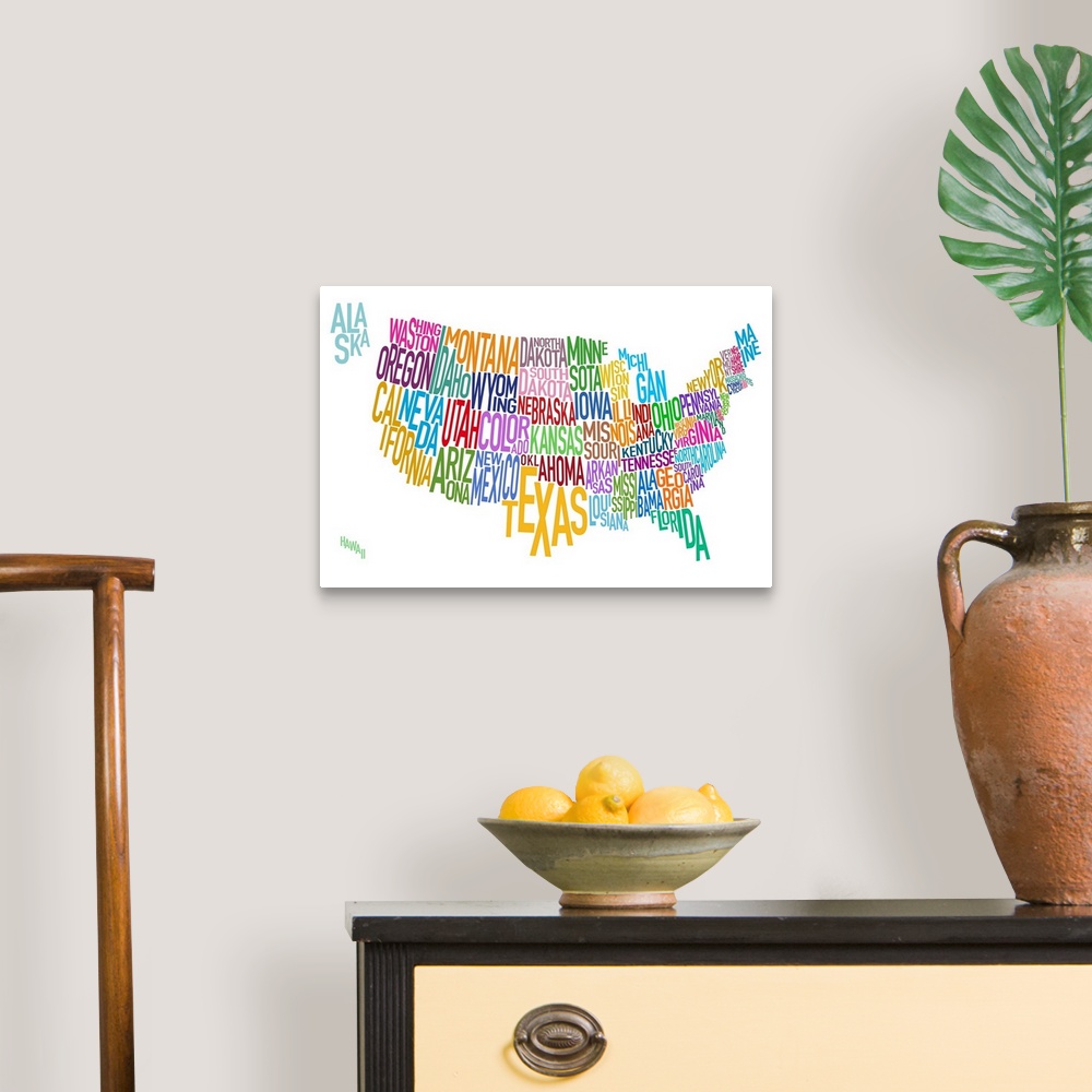 A traditional room featuring Artwork of the United States that has the name of each state written out as it's shape.