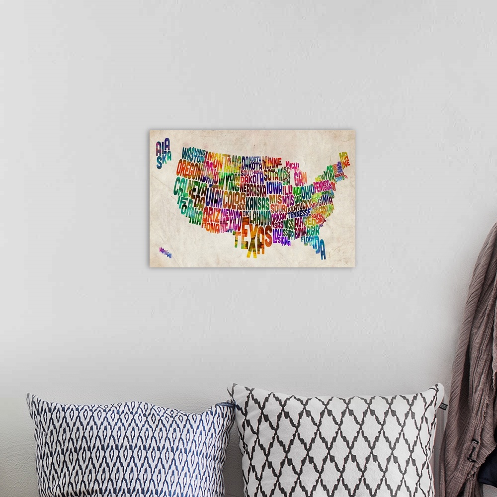 A bohemian room featuring Educational map the United States with each individual state made up of the letters of its name, ...