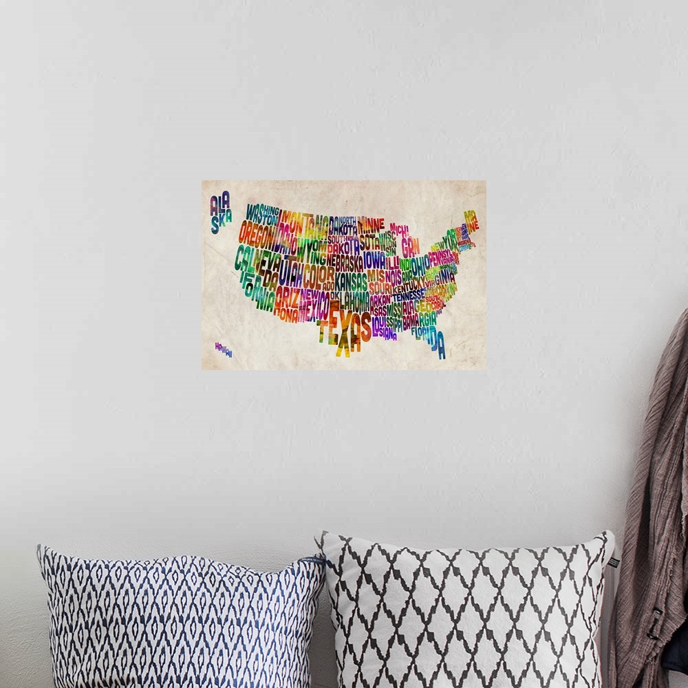 A bohemian room featuring Educational map the United States with each individual state made up of the letters of its name, ...