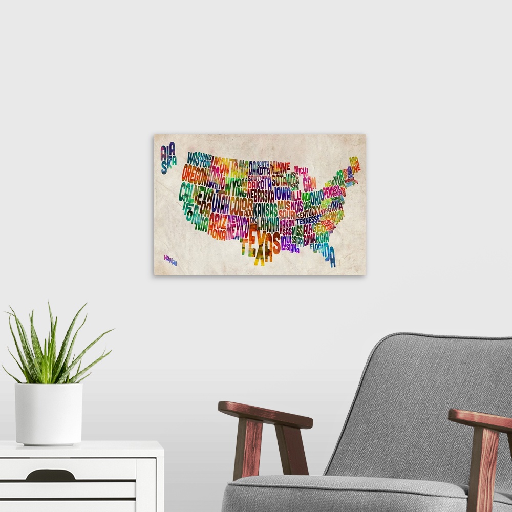 A modern room featuring Educational map the United States with each individual state made up of the letters of its name, ...