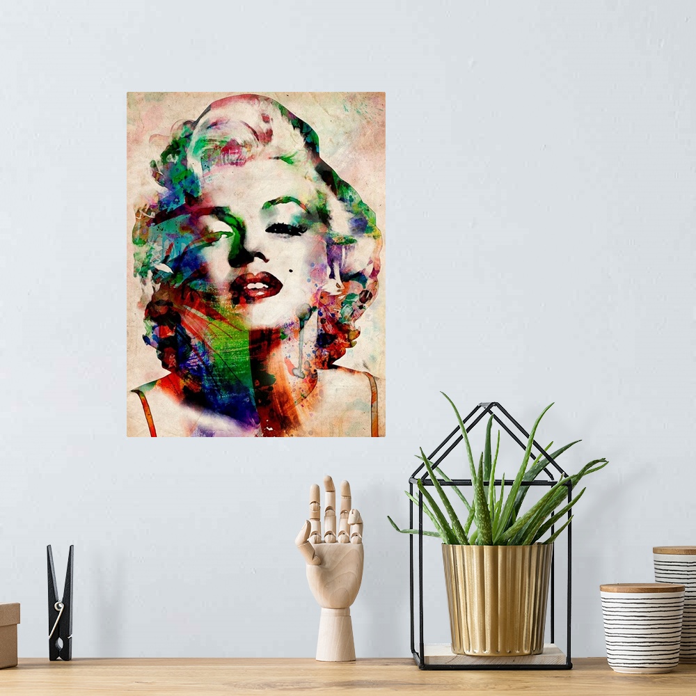 A bohemian room featuring Contemporary art of Marilyn Monroe with abstract colors on a distressed background.